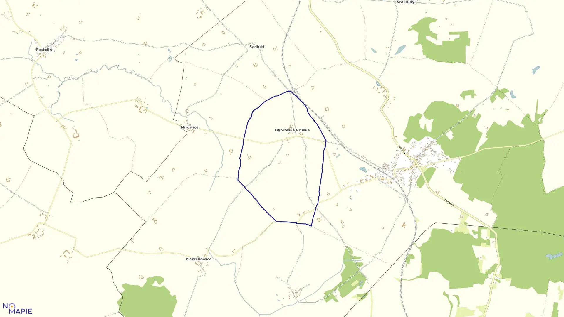 Mapa obrębu Dąbrówka Pruska w gminie Mikołajki Pomorskie
